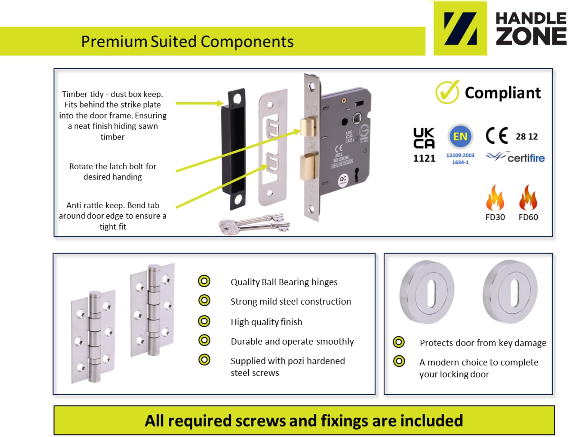 Solus Door Handles on Rose 3 Lever Lock Pack with Ball Bearing Hinges - Satin Chrome - Image 3