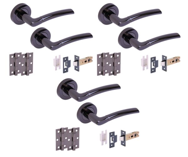 3 Sets Nemo Internal Door Handles on Rose Lever Latch Door Packs (76mm) - Black Nickel
