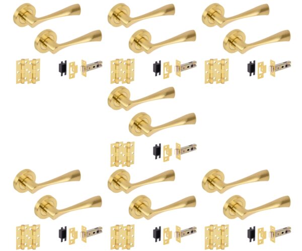 7 Sets Zena Internal Door Handles on Rose Lever Latch Door Packs (76mm) - Brushed Brass