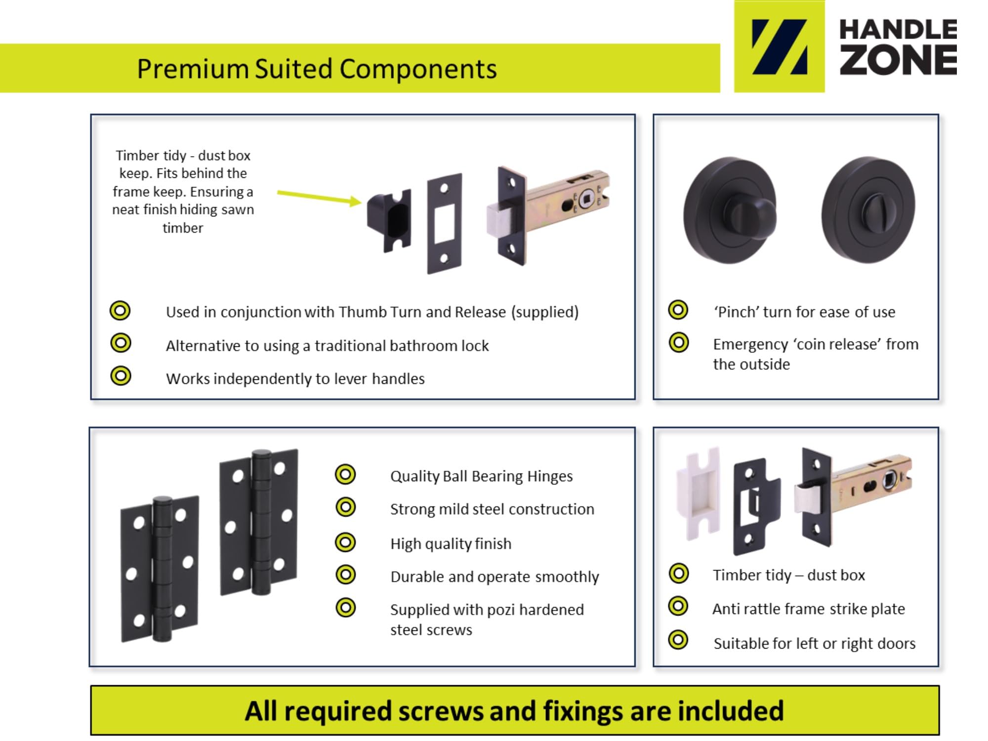 Solus Door Handles on Rose Bathroom Deadbolt Pack with Ball Bearing Hinges - Black Matt - Image 3
