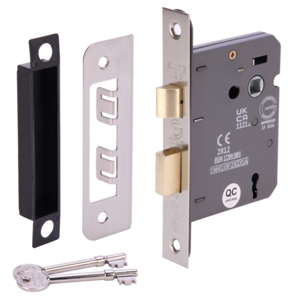 65mm (2 1/2 inch) Silver Nickel 3 Lever Mortice Sashlock, CE & UKCA Approved - Fire Rated - 45mm Backset
