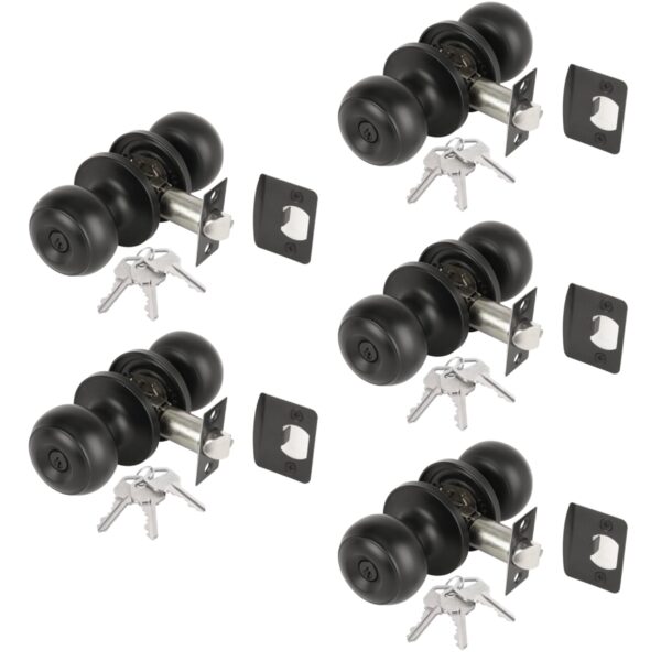 5 Sets Riva Entrance Knobset, Key Locked Door Knobset, Adjustable 60-70mm Latch – Black Matt