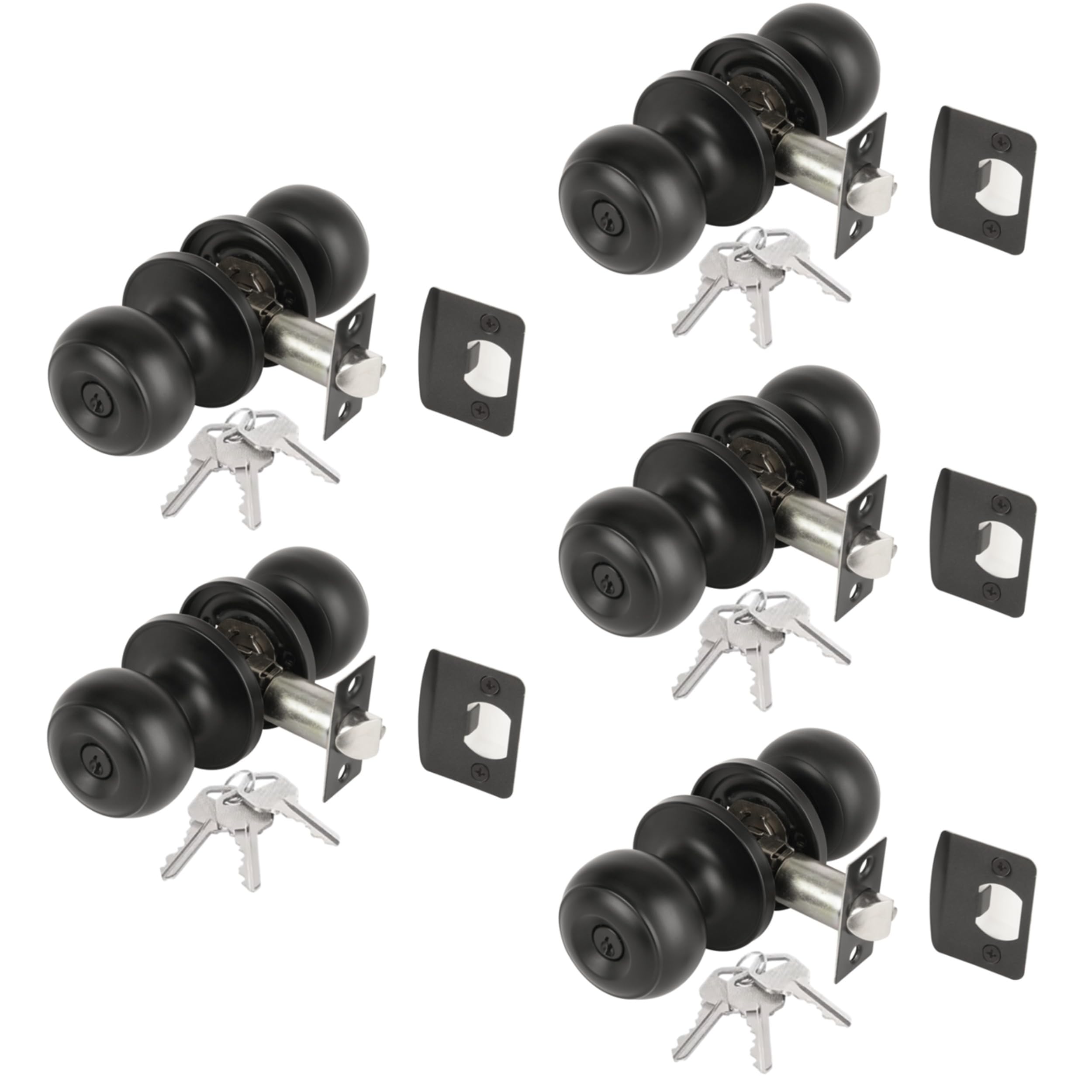 5 Sets Riva Entrance Knobset, Key Locked Door Knobset, Adjustable 60-70mm Latch – Black Matt