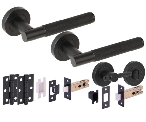 Evo Knurled Grip Door Handles on Rose Bathroom Deadbolt Pack (76mm) - Knurled Turn Set - Black Matt