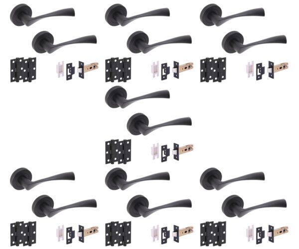 7 Sets Zena Internal Door Handles on Rose Lever Latch Door Packs (76mm) - Black Matt