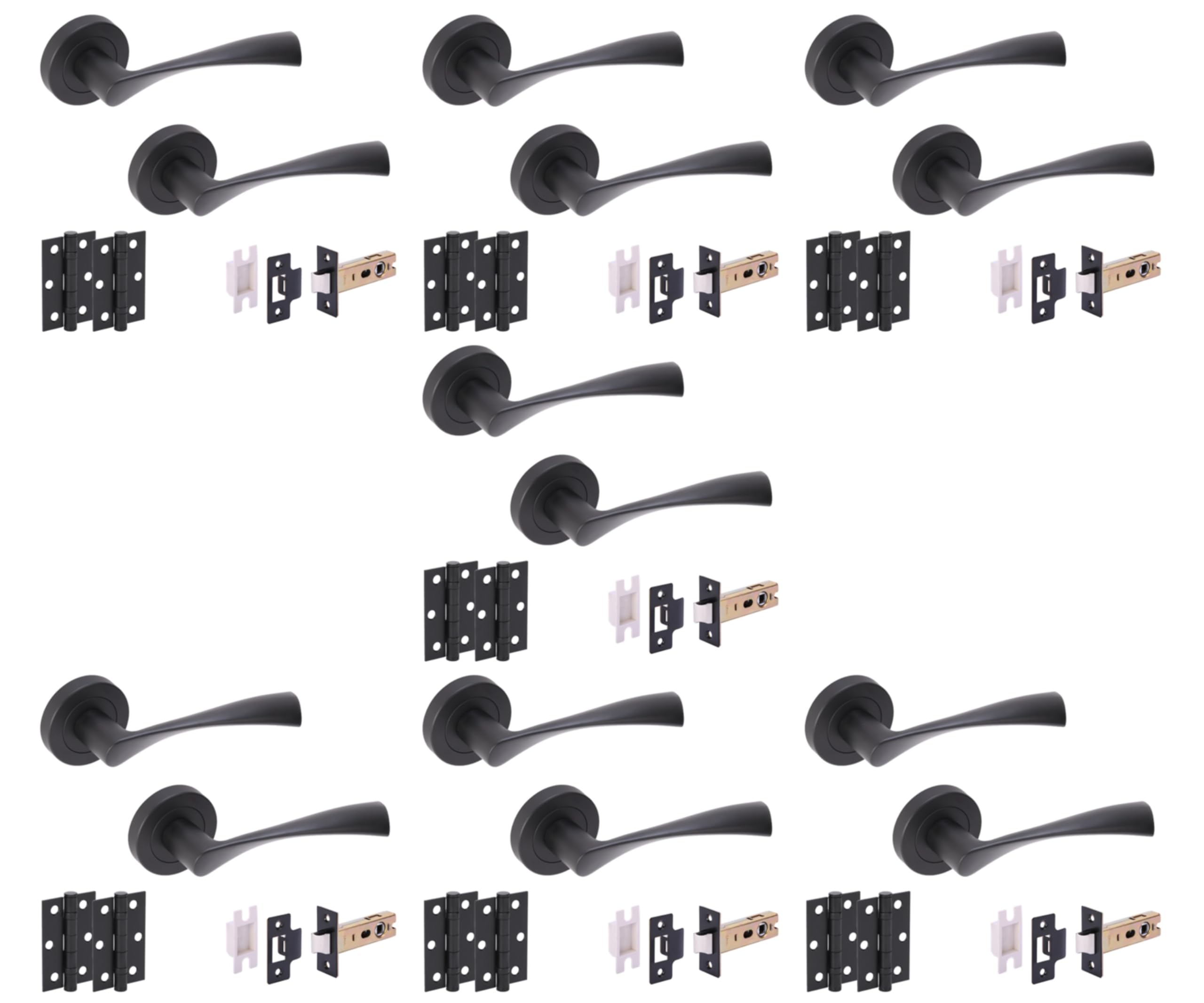 7 Sets Zena Internal Door Handles on Rose Lever Latch Door Packs (76mm) - Black Matt
