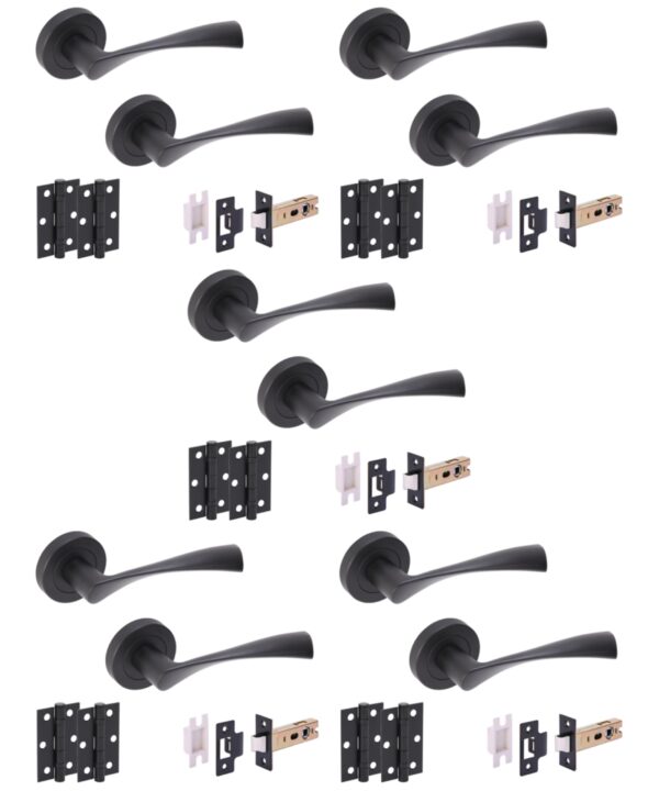 5 Sets Zena Internal Door Handles on Rose Lever Latch Door Packs (76mm) - Black Matt