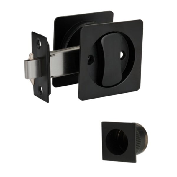 Square Sliding Privacy Door Lock Kit – Black Matt Finish – Finger Pull with Hook Lock – for Bathroom or Toilet Sliding Doors