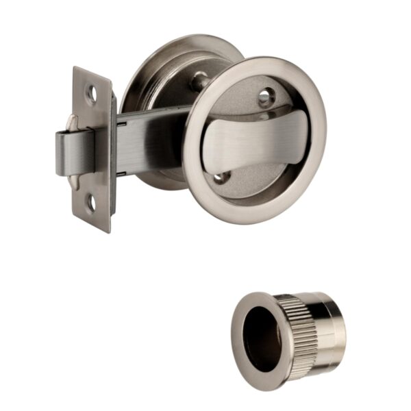 Round Sliding Privacy Door Lock Kit – Satin Nickel Plated (SNP) – Finger Pull with Hook Lock – for Bathroom or Toilet Sliding Doors