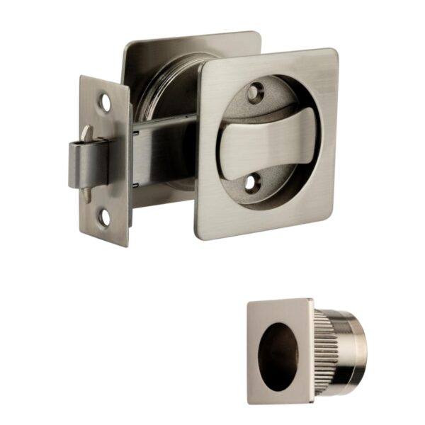 Square Sliding Privacy Door Lock Kit – Satin Nickel Plated (SNP) – Finger Pull with Hook Lock – for Bathroom or Toilet Sliding Doors