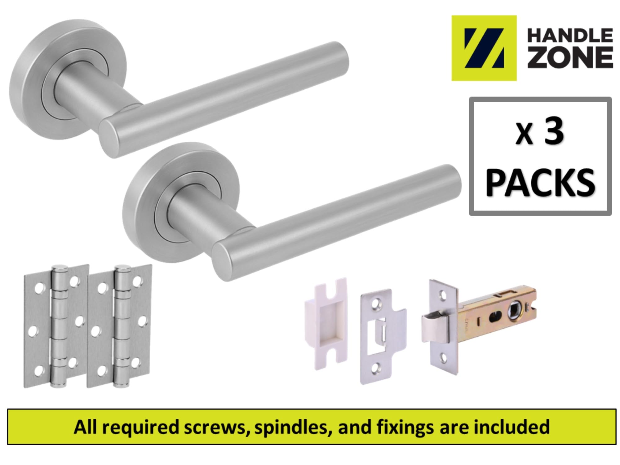 3 Sets Solus Internal Door Handles on Rose Lever Latch Packs, 76mm Latch, 75mm Ball Bearing Hinges - Satin Chrome - Image 2