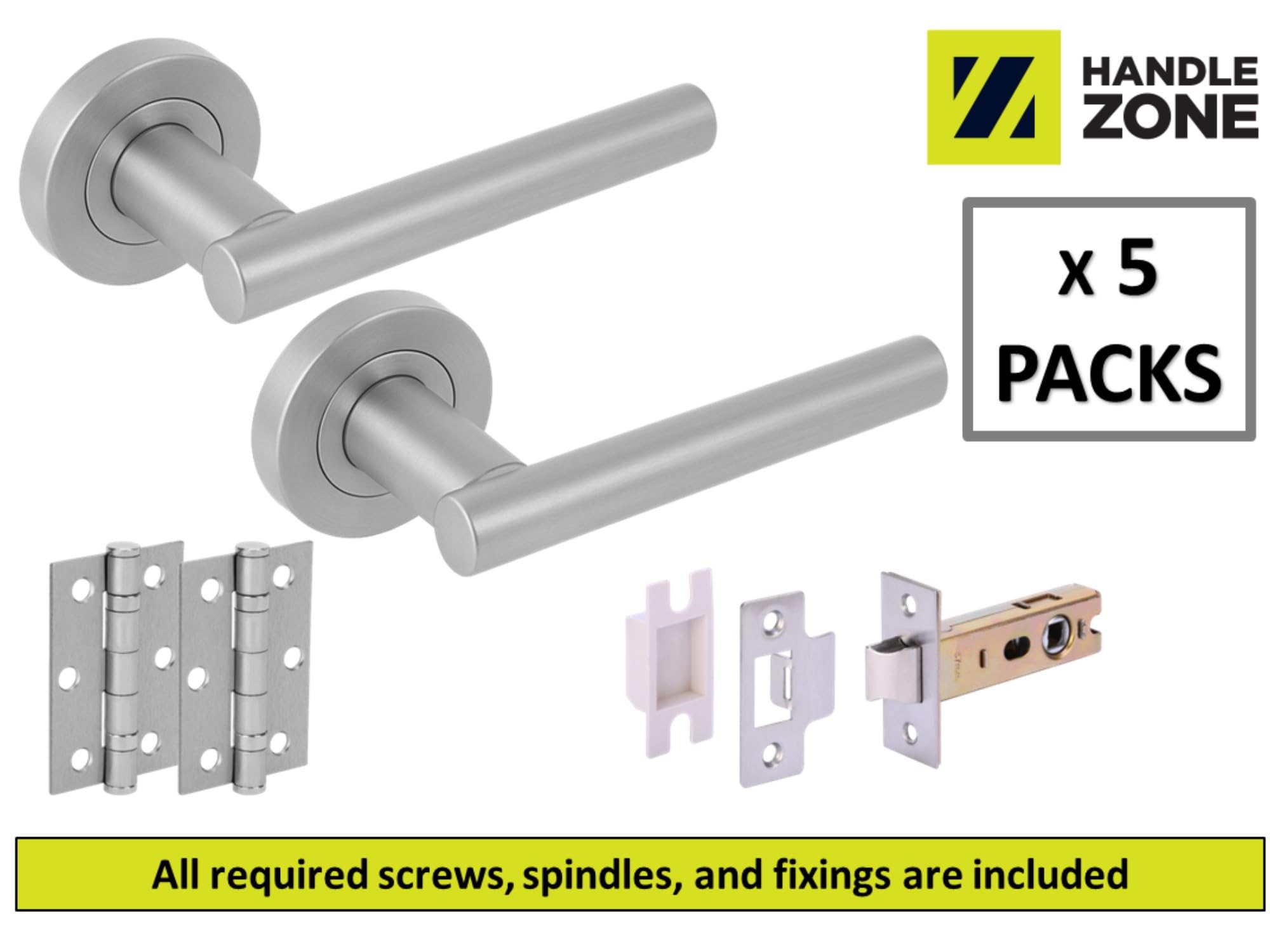 5 Sets Solus Internal Door Handles on Rose Lever Latch Packs, 76mm Latch, 75mm Ball Bearing Hinges - Satin Chrome - Image 2