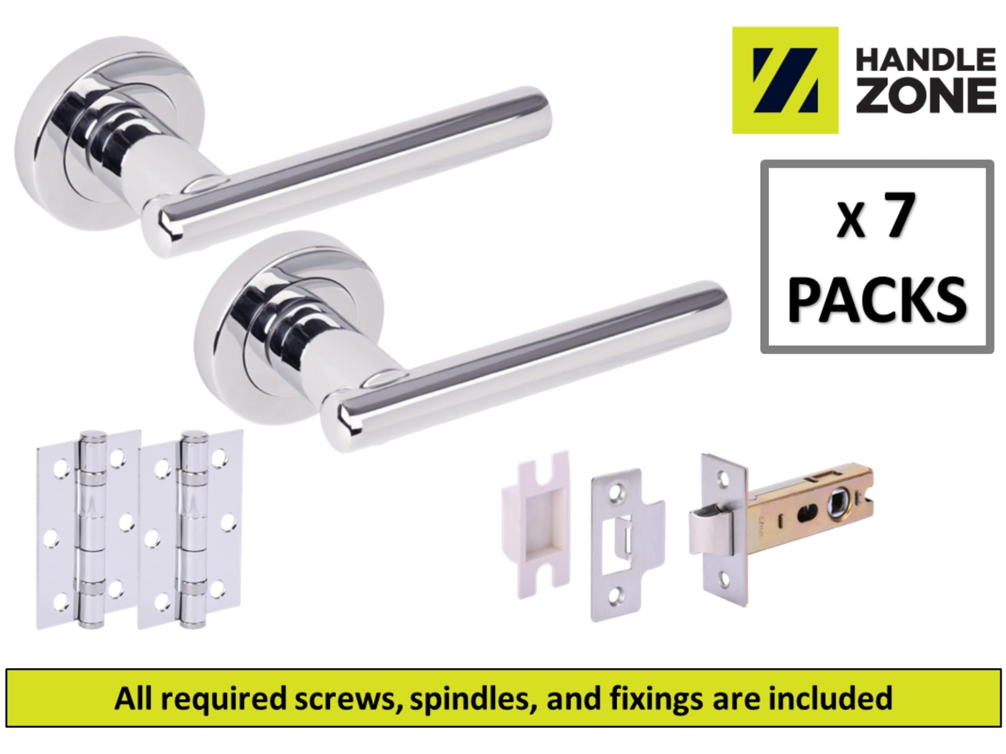 7 Sets Solus Internal Door Handles on Rose Lever Latch Packs, 76mm Latch 75mm Ball Bearing Hinges - Polished Chrome - Image 2