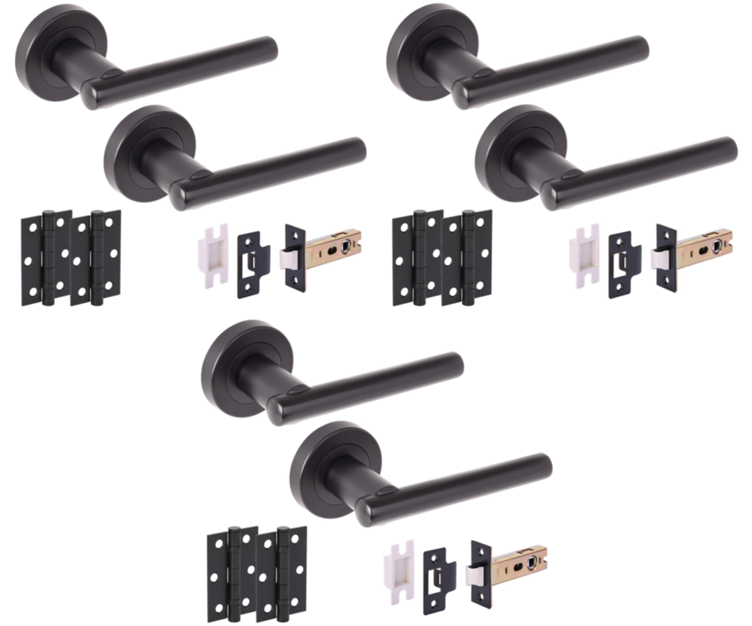 3 Sets Solus Internal Door Handles on Rose Lever Latch Packs, 76mm Latch, 75mm Ball Bearing Hinges - Black Matt