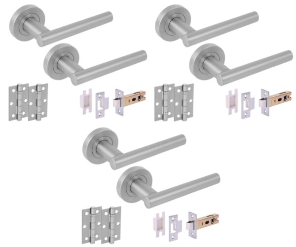 3 Sets Solus Internal Door Handles on Rose Lever Latch Packs, 76mm Latch, 75mm Ball Bearing Hinges - Satin Chrome