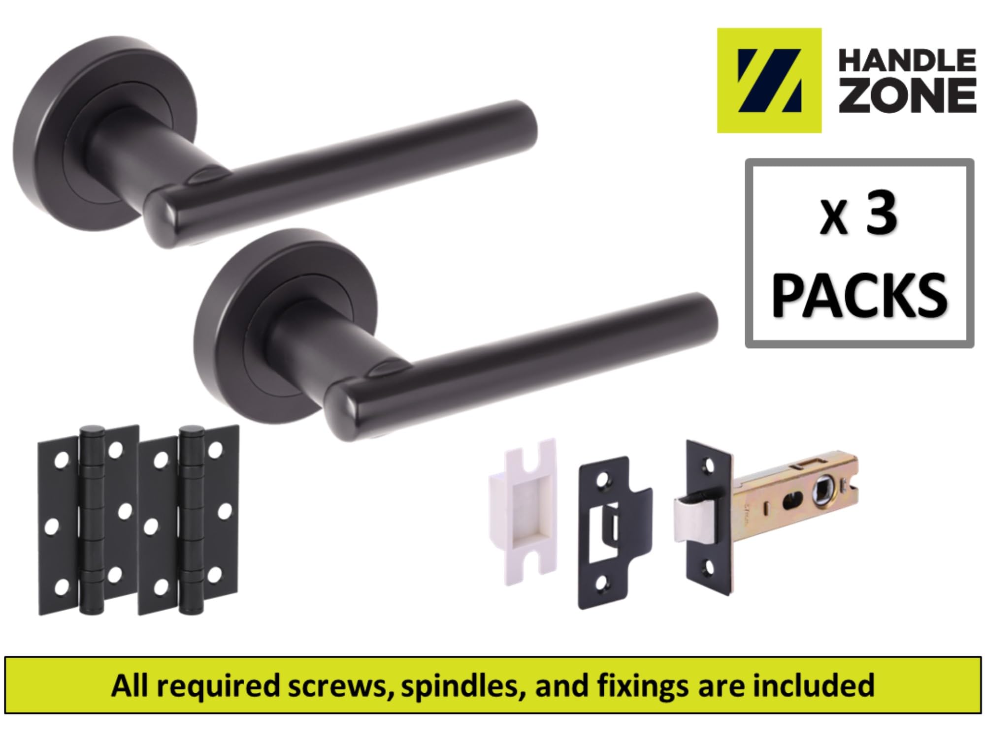 3 Sets Solus Internal Door Handles on Rose Lever Latch Packs, 76mm Latch, 75mm Ball Bearing Hinges - Black Matt - Image 2