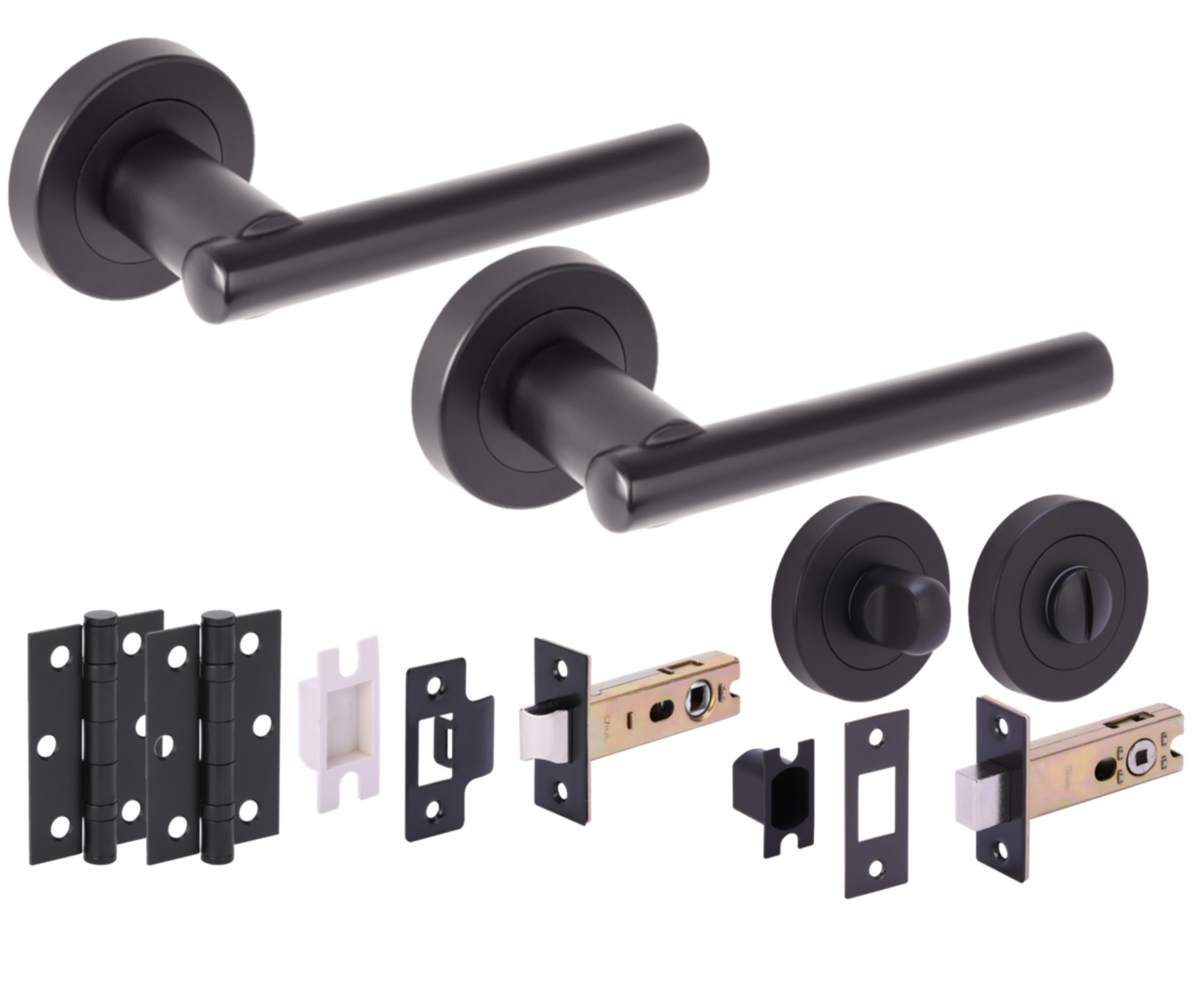 Solus Door Handles on Rose Bathroom Deadbolt Pack with Ball Bearing Hinges - Black Matt