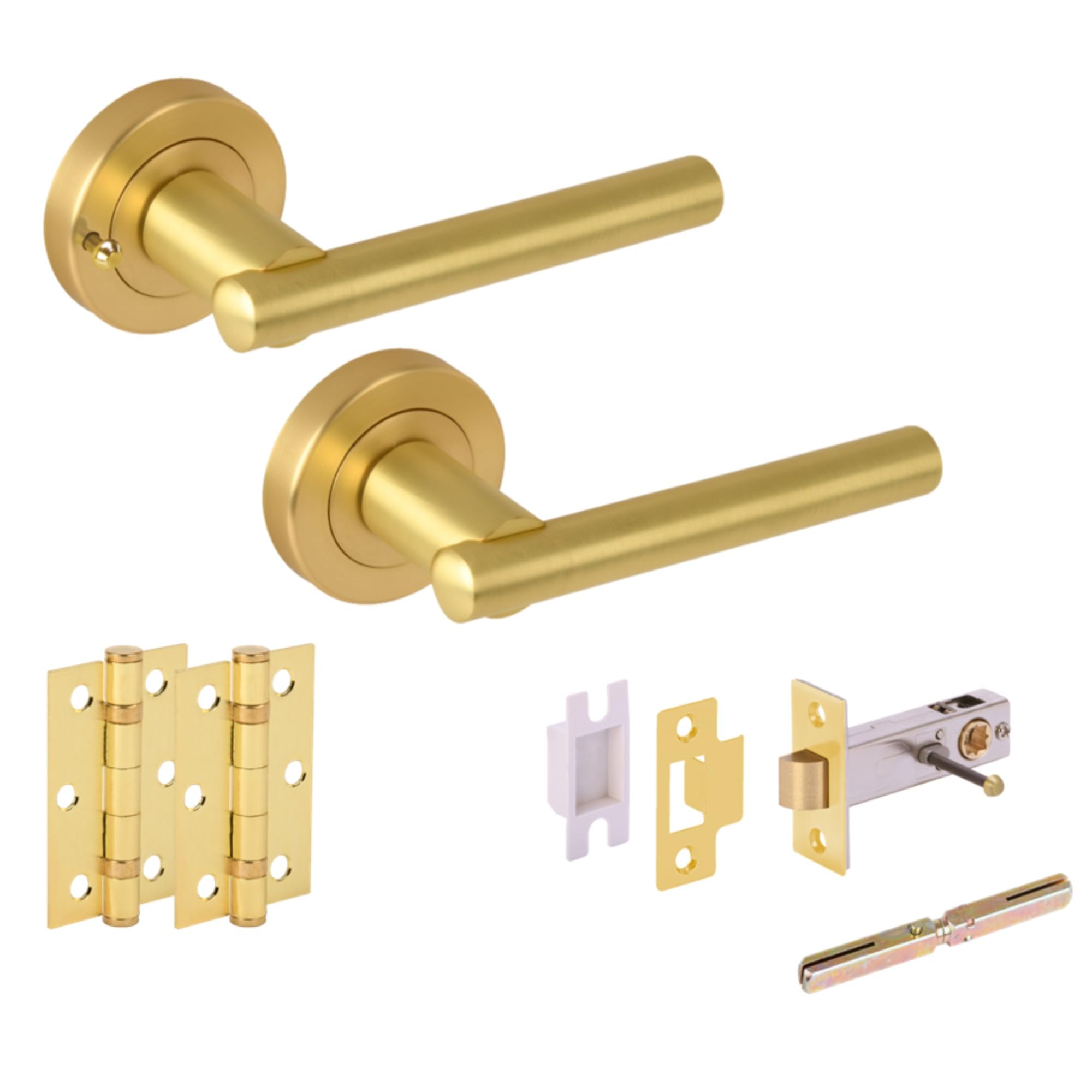 Solus Privacy Door Handle Pack, complete with Lever Handles, 76mm Latch, 75mm Ball Bearing Hinges - Brushed Brass