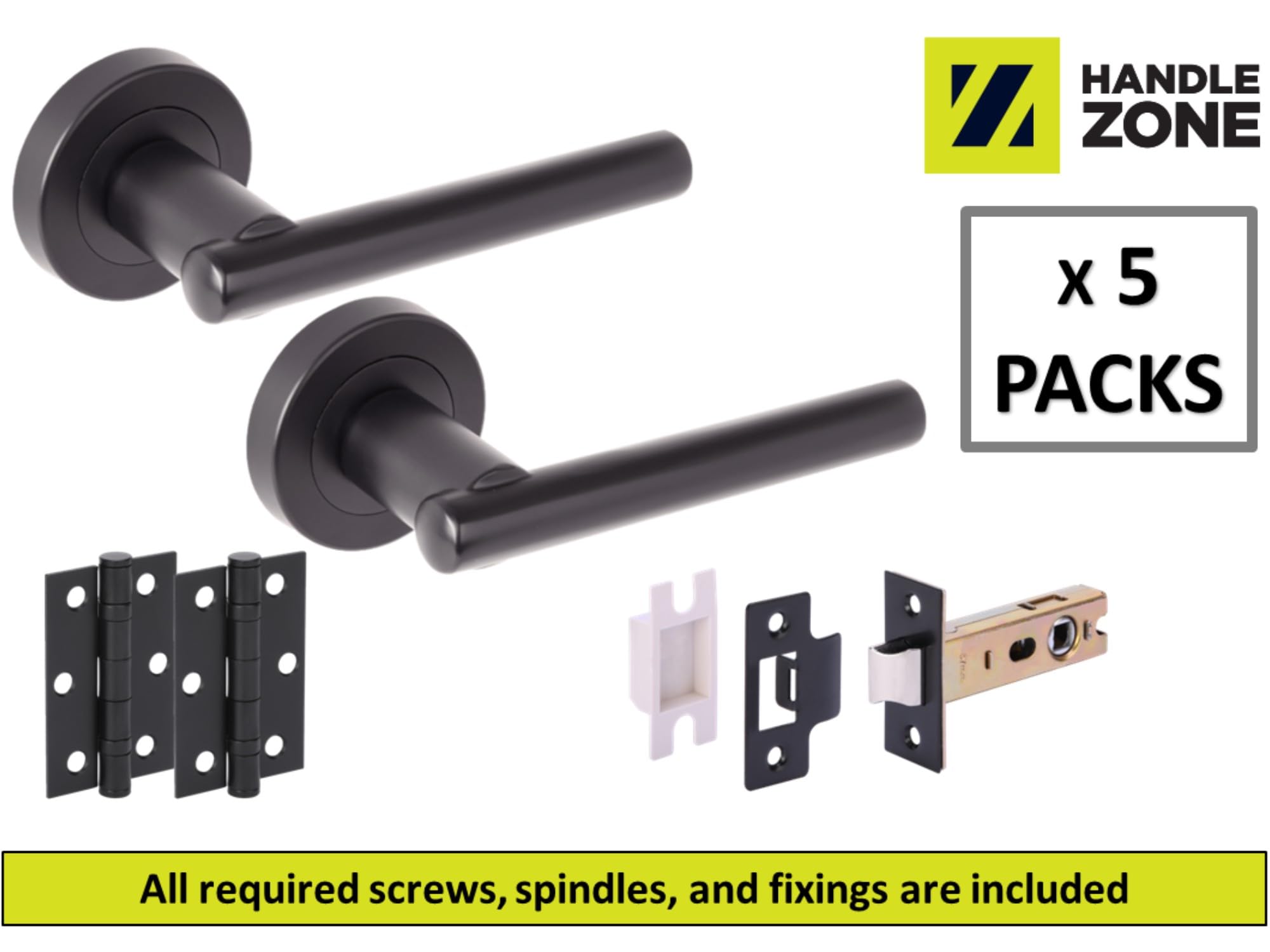 5 Sets Solus Internal Door Handles on Rose Lever Latch Packs, 76mm Latch, 75mm Ball Bearing Hinges - Black Matt - Image 2