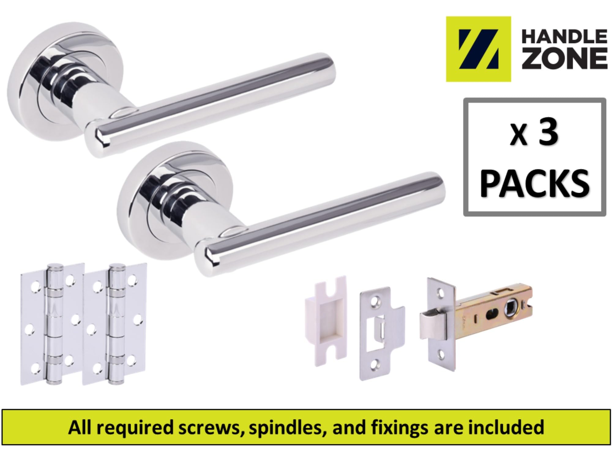 3 Sets Solus Internal Door Handles on Rose Lever Latch Packs, 76mm Latch, 75mm Ball Bearing Hinges - Polished Chrome - Image 2