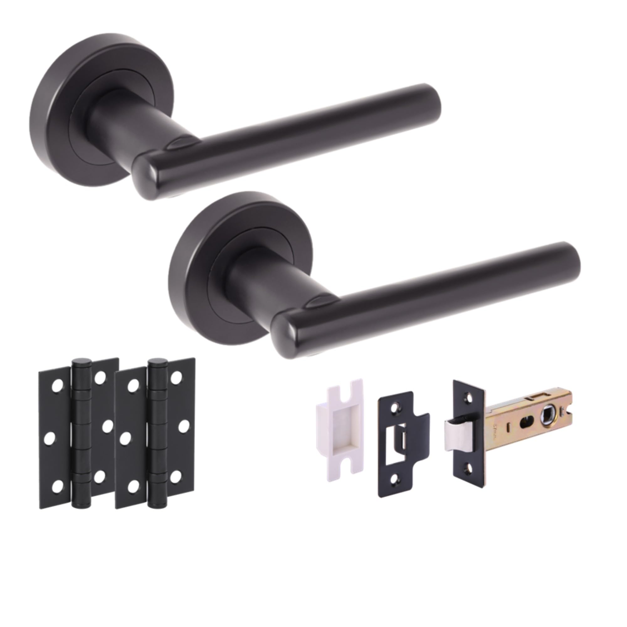 Solus Internal Door Handle Latch Pack, Complete with Lever On Rose Handles, 76mm Latch, 75mm Ball Bearing Hinges - Black Matt