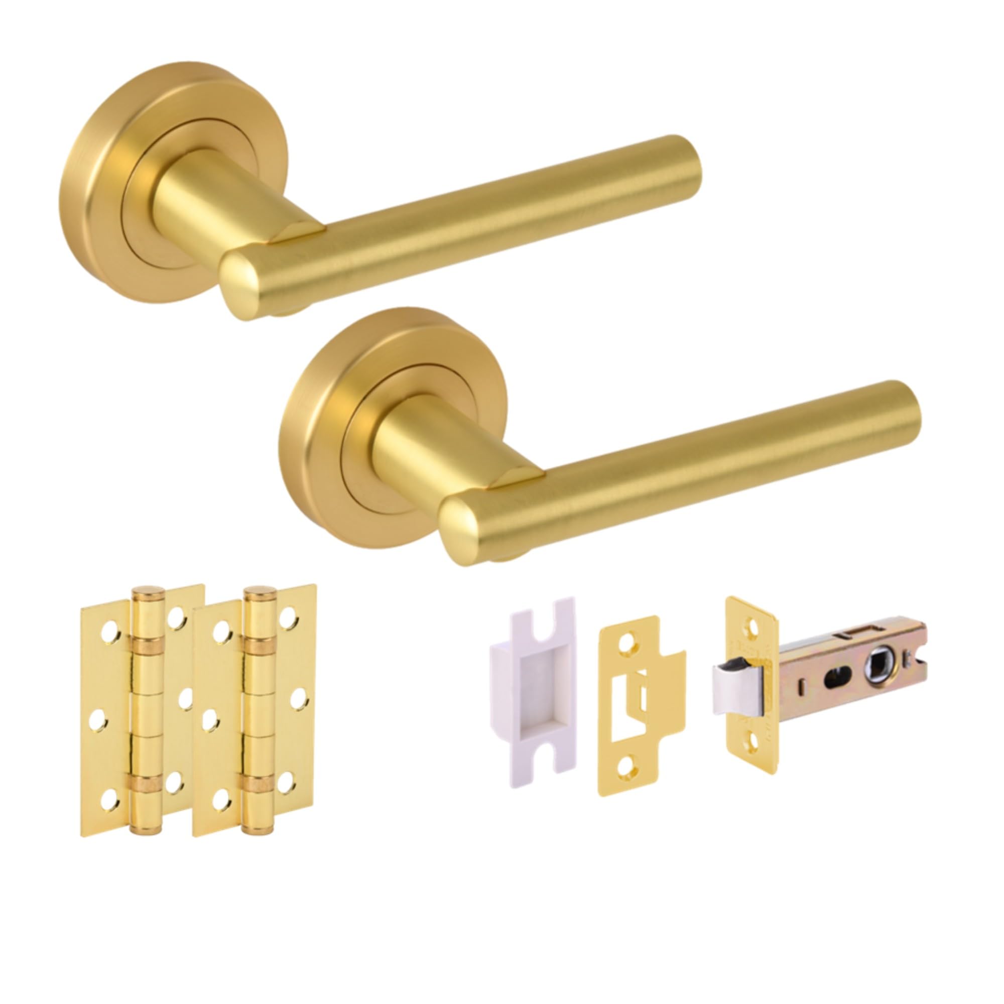 Solus Internal Door Handle Latch Pack, Complete with Lever On Rose Handles, 76mm Latch, 75mm Ball Bearing Hinges - Brushed Brass