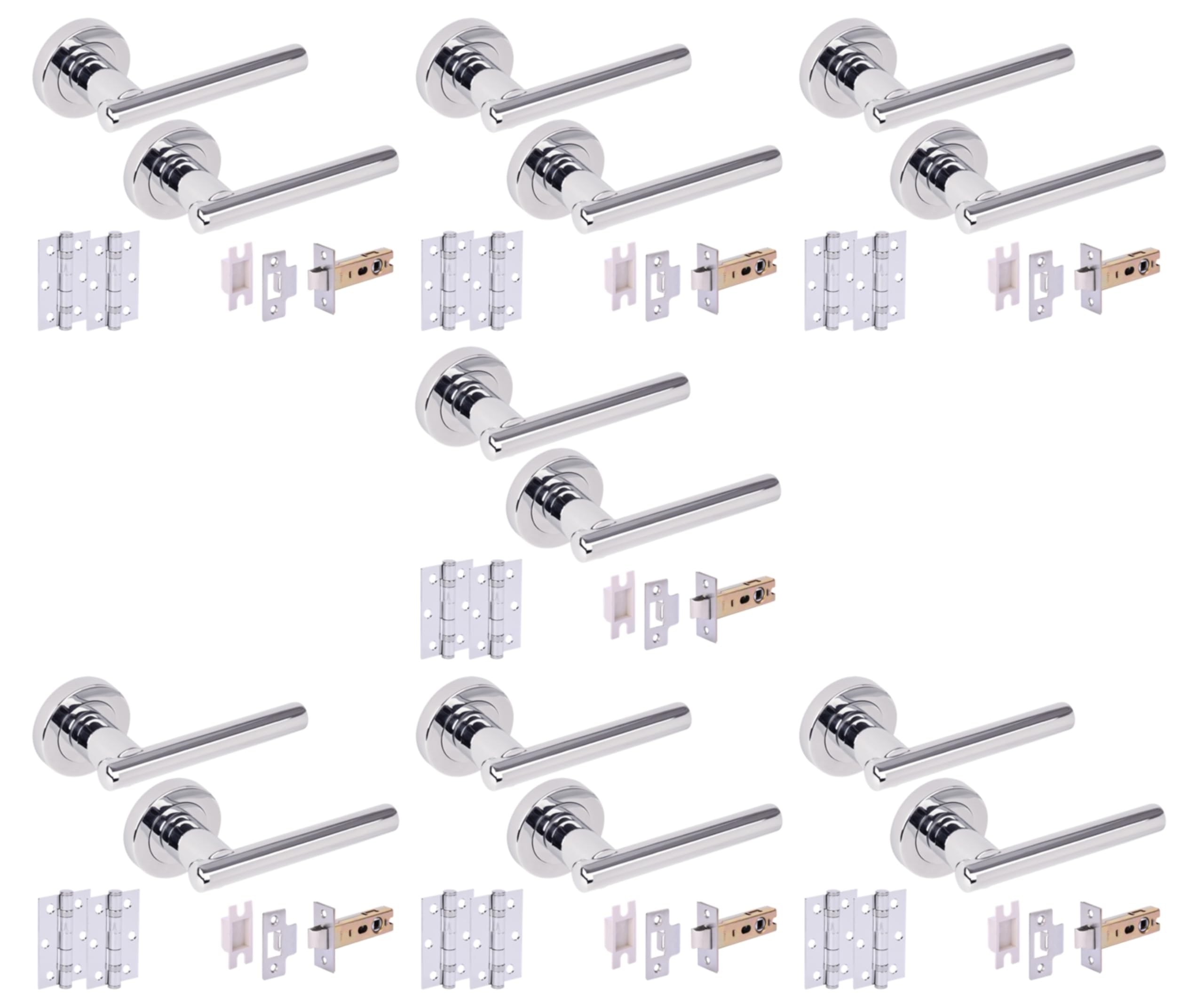 7 Sets Solus Internal Door Handles on Rose Lever Latch Packs, 76mm Latch 75mm Ball Bearing Hinges - Polished Chrome