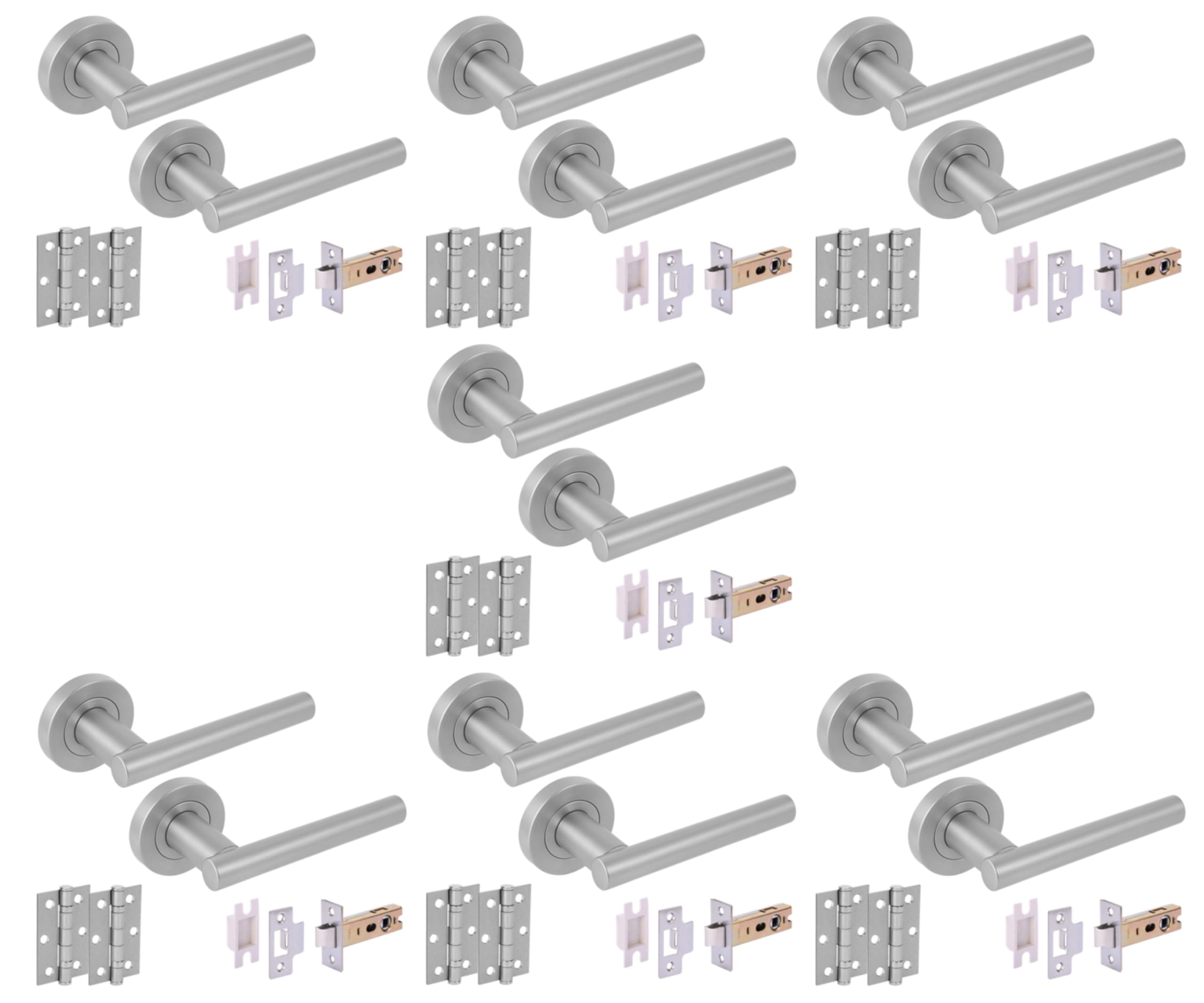 7 Sets Solus Internal Door Handles on Rose Lever Latch Packs, 76mm Latch 75mm Ball Bearing Hinges - Satin Chrome