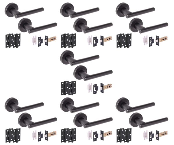 7 Sets Solus Internal Door Handles on Rose Lever Latch Packs, 76mm Latch 75mm Ball Bearing Hinges - Black Matt