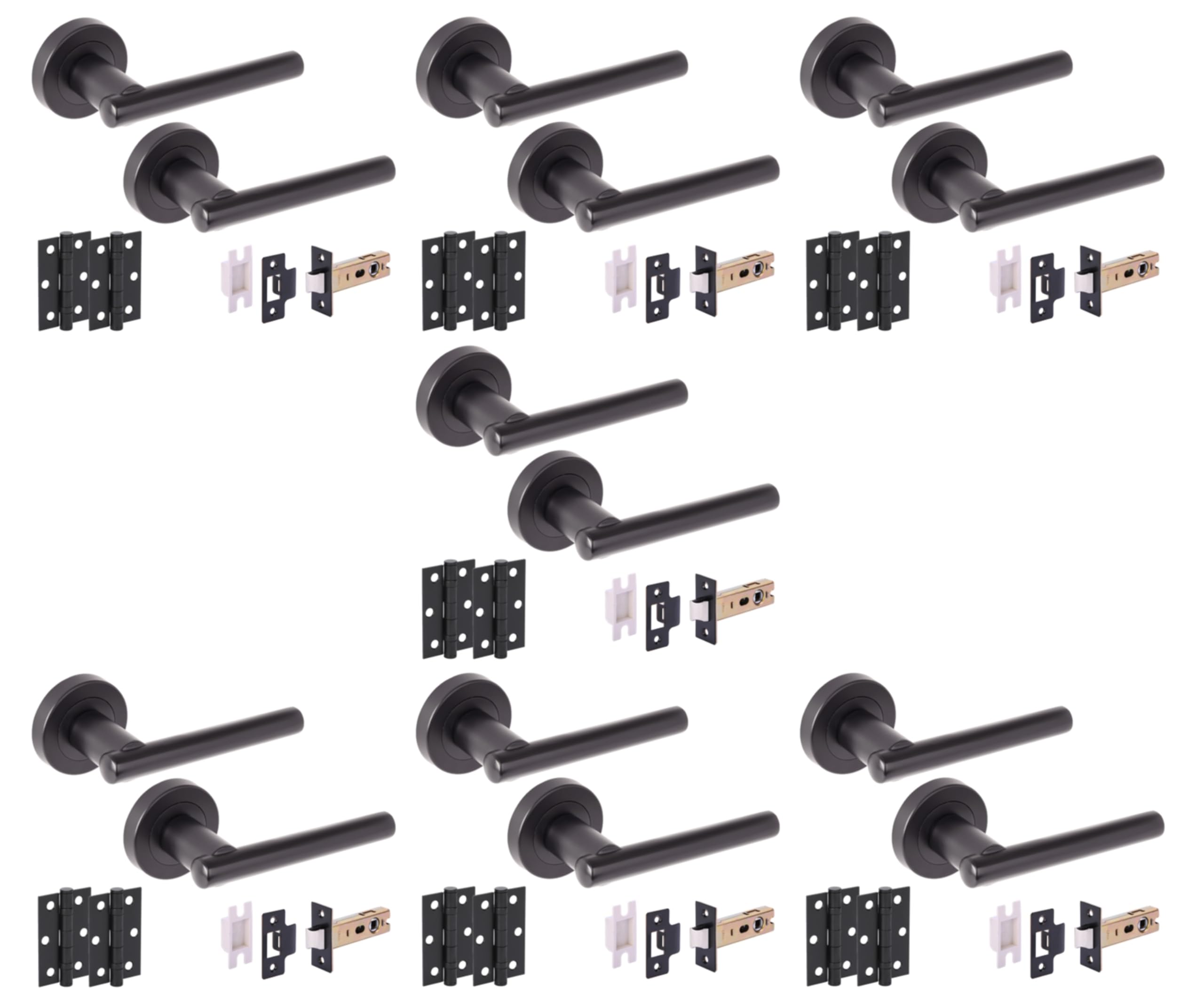 7 Sets Solus Internal Door Handles on Rose Lever Latch Packs, 76mm Latch 75mm Ball Bearing Hinges - Black Matt