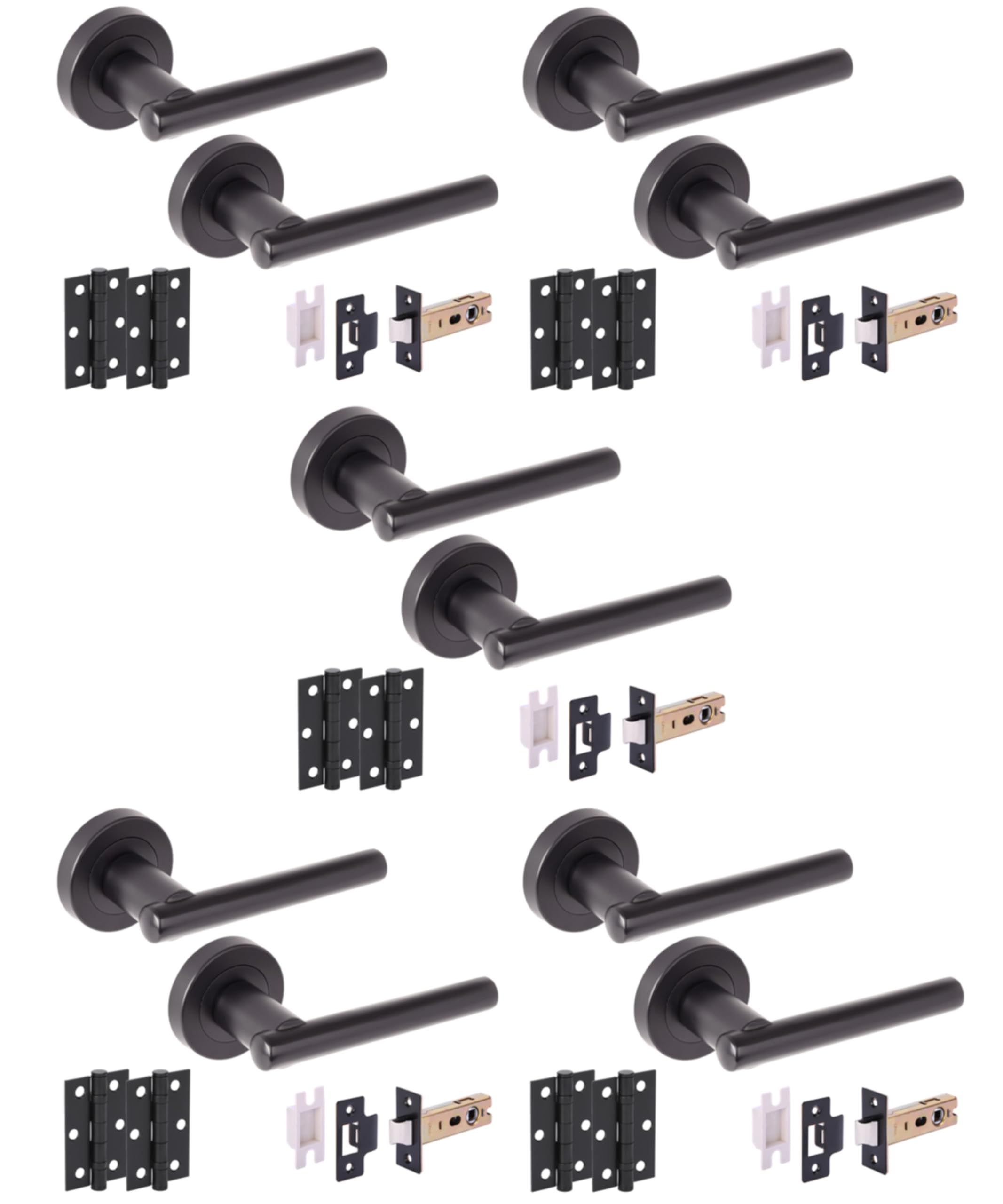 5 Sets Solus Internal Door Handles on Rose Lever Latch Packs, 76mm Latch, 75mm Ball Bearing Hinges - Black Matt