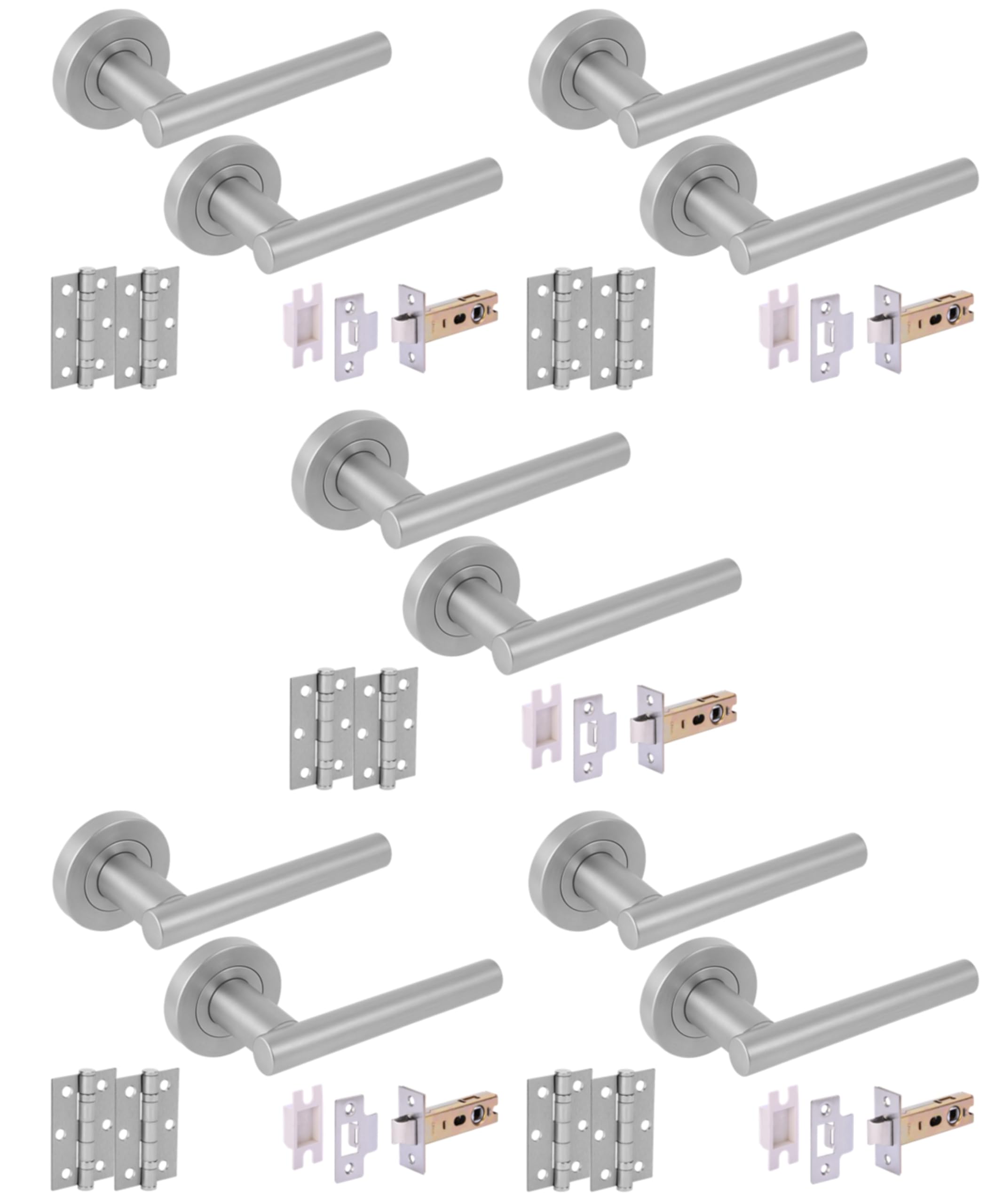5 Sets Solus Internal Door Handles on Rose Lever Latch Packs, 76mm Latch, 75mm Ball Bearing Hinges - Satin Chrome