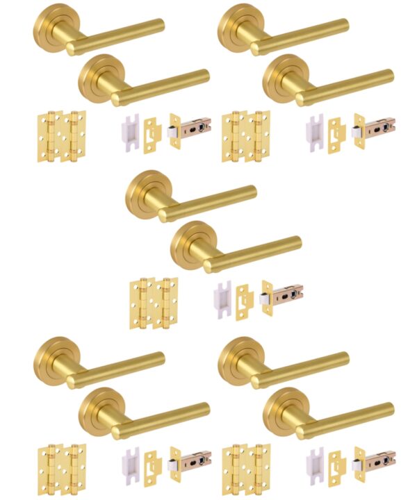 5 Sets Solus Internal Door Handles on Rose Lever Latch Packs, 76mm Latch, 75mm Ball Bearing Hinges - Brushed Brass