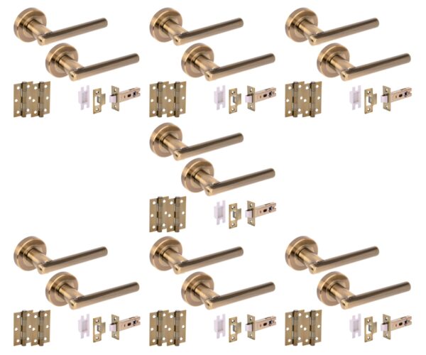 7 Sets Solus Internal Door Handles on Rose Lever Latch Packs, 76mm Latch 75mm Ball Bearing Hinges - Antique Bronze