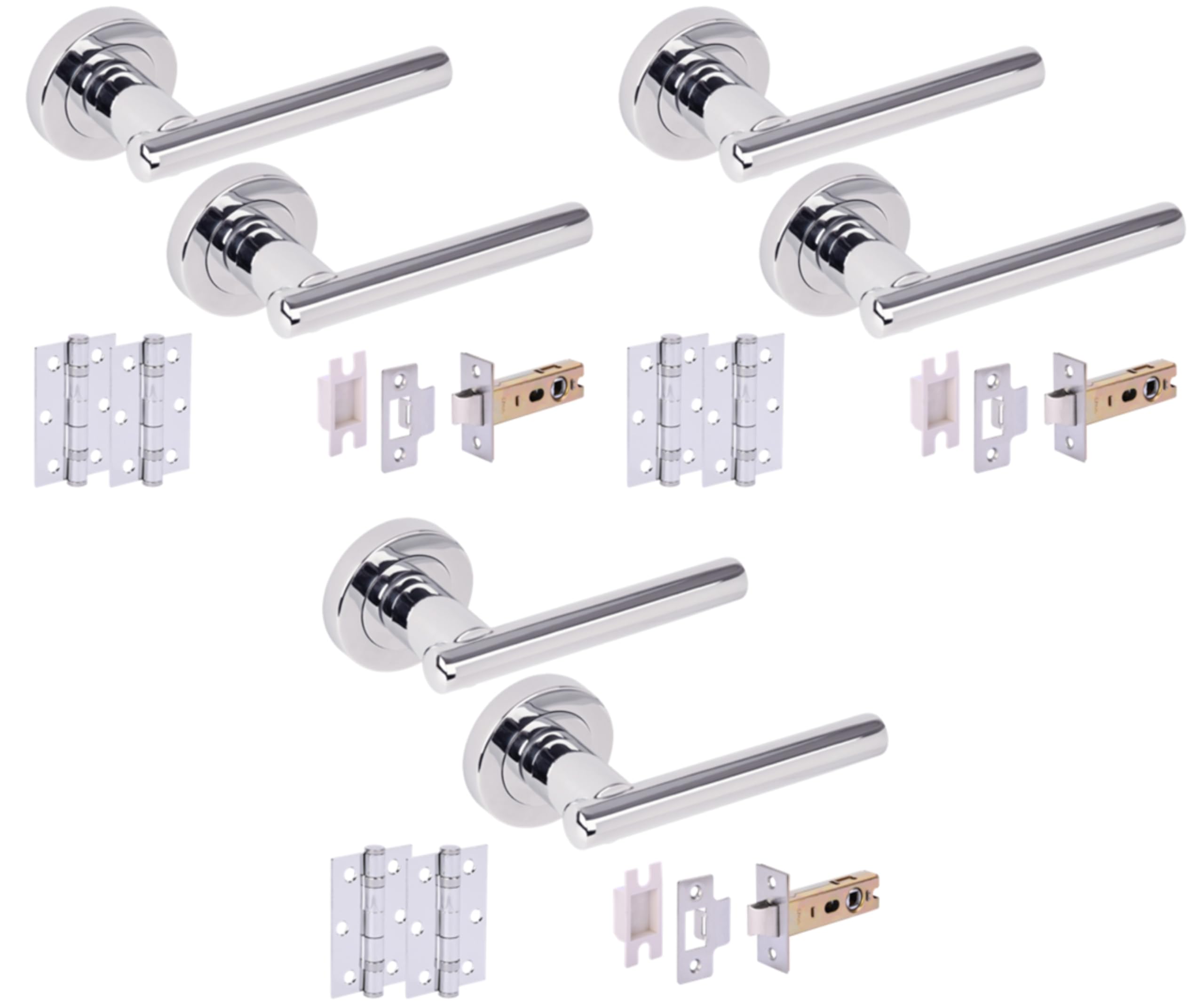 3 Sets Solus Internal Door Handles on Rose Lever Latch Packs, 76mm Latch, 75mm Ball Bearing Hinges - Polished Chrome