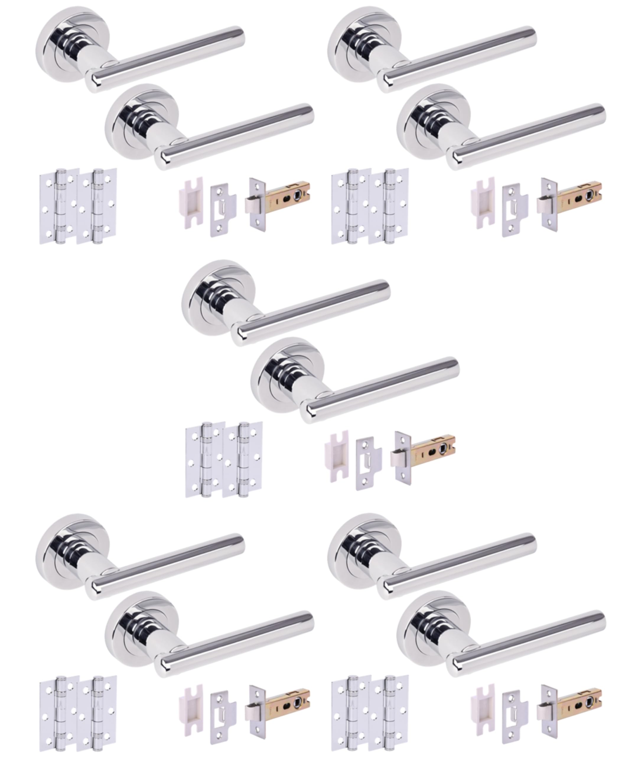 5 Sets Solus Internal Door Handles on Rose Lever Latch Packs, 76mm Latch, 75mm Ball Bearing Hinges - Polished Chrome