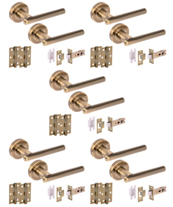 5 Sets Solus Internal Door Handles on Rose Lever Latch Packs, 76mm Latch, 75mm Ball Bearing Hinges - Antique Bronze