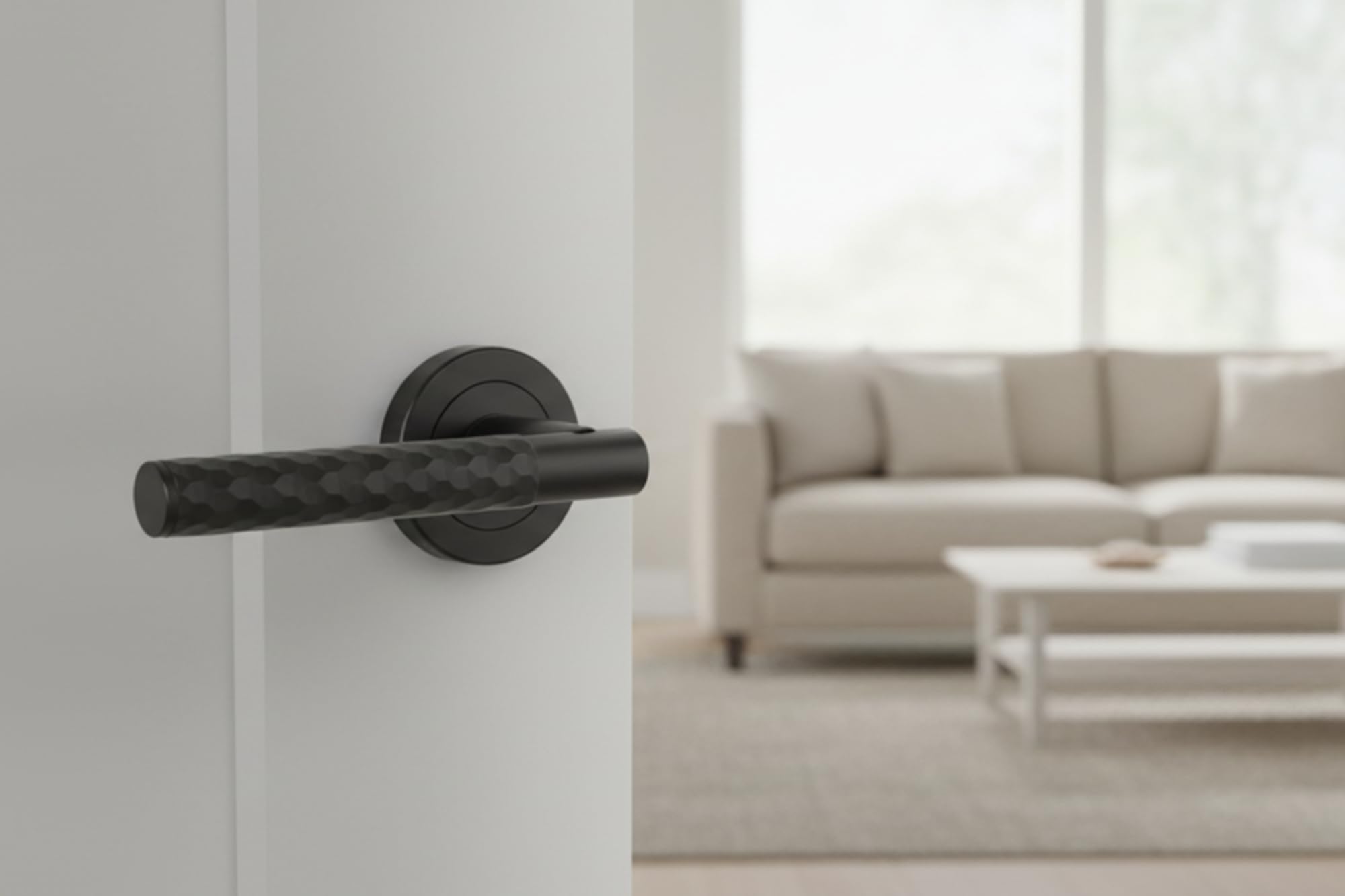 7 Sets Roca Diamond Cut Knurled Lever On Round Rose Door Handles, Internal Passage Latch Handles - Black Matt - Image 4