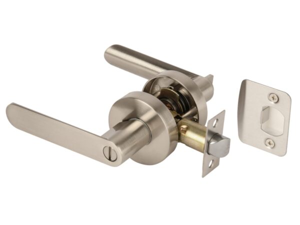Mantara Privacy Leverset, Keyless Lock with Emergency Release, Adjustable 60-70mm Latch, for Bathroom  Bedroom – Satin Nickel