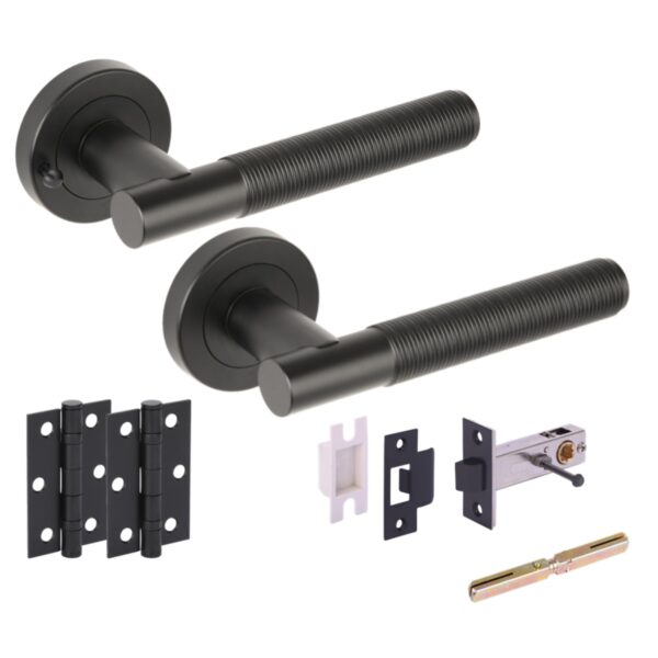 Halo Ring Knurled Privacy Door Handle Pack, complete with Lever Handles, 76mm Latch, 75mm Ball Bearing Hinges - Black Matt
