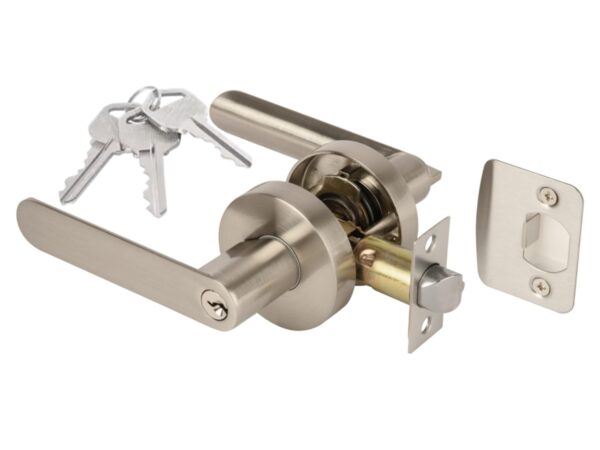 Mantara Entrance Leverset, Key Lock Door Lever Set, Adjustable 60-70mm Latch – Satin Nickel