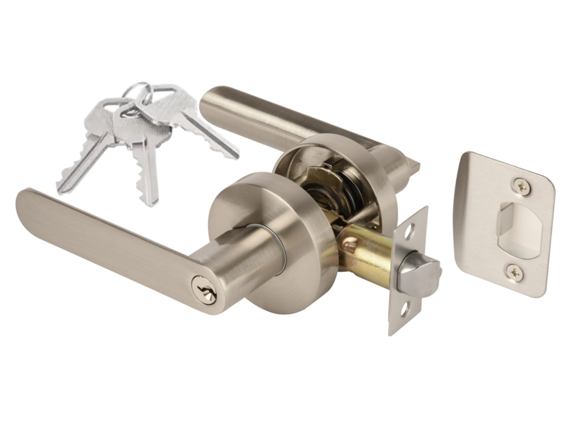 Mantara Entrance Leverset, Key Lock Door Lever Set, Adjustable 60-70mm Latch – Satin Nickel