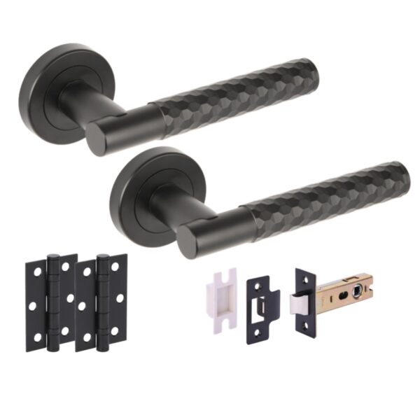 Roca Diamond Cut Knurled Internal Door Handle Pack, complete with Lever Handles, 76mm Latch, 75mm Ball Bearing Hinges - Black Matt