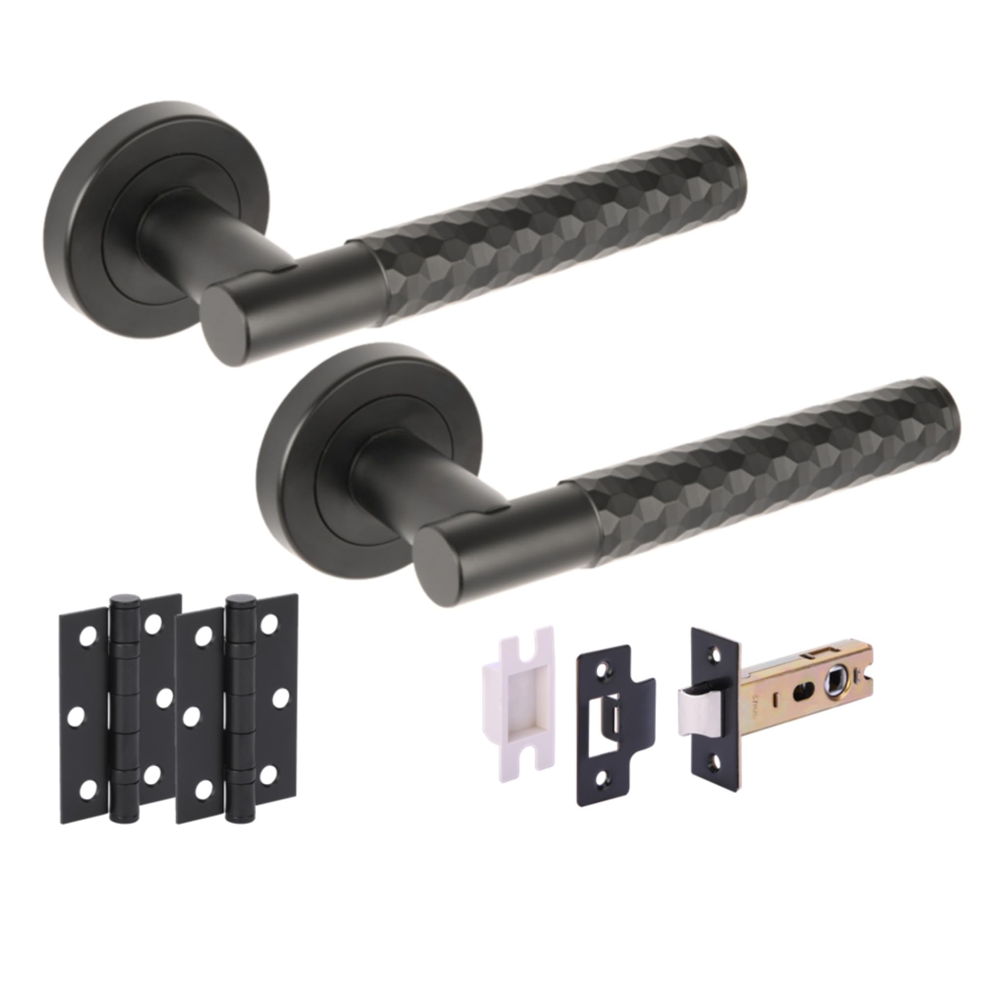 Roca Diamond Cut Knurled Internal Door Handle Pack, complete with Lever Handles, 76mm Latch, 75mm Ball Bearing Hinges - Black Matt