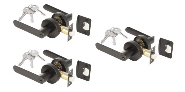 3 Sets Mantara Entrance Leverset, Key Lock Door Lever Set, Adjustable 60-70mm Latch – Black Matt
