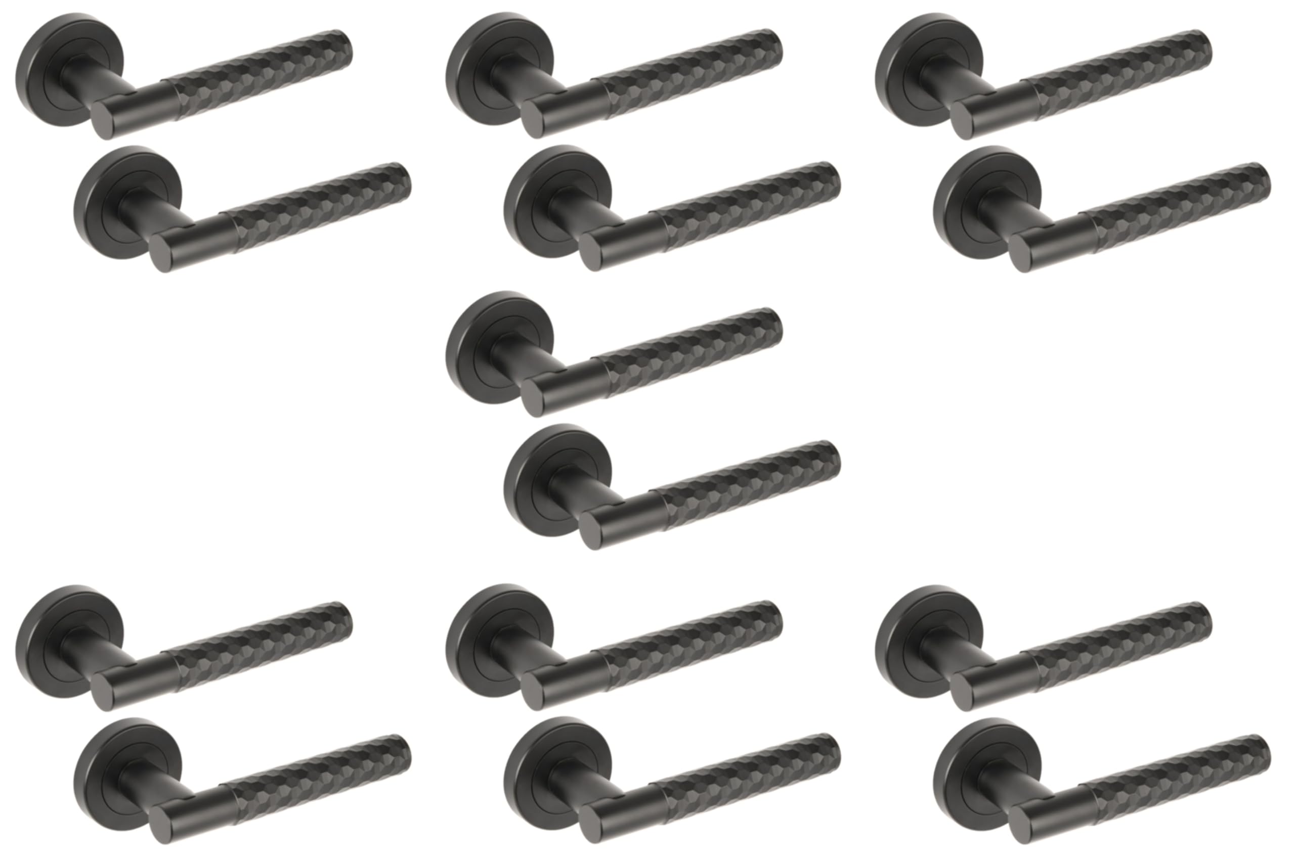 7 Sets Roca Diamond Cut Knurled Lever On Round Rose Door Handles, Internal Passage Latch Handles - Black Matt