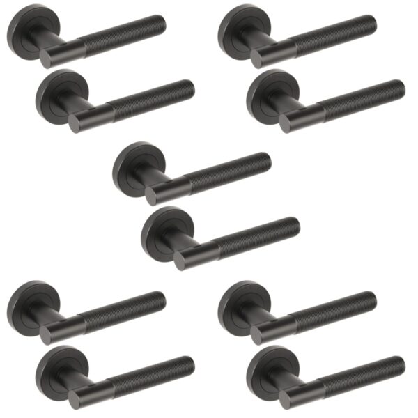 5 Sets Halo Ring Knurled Lever On Round Rose Door Handles, Internal Passage Latch Handles - Black Matt