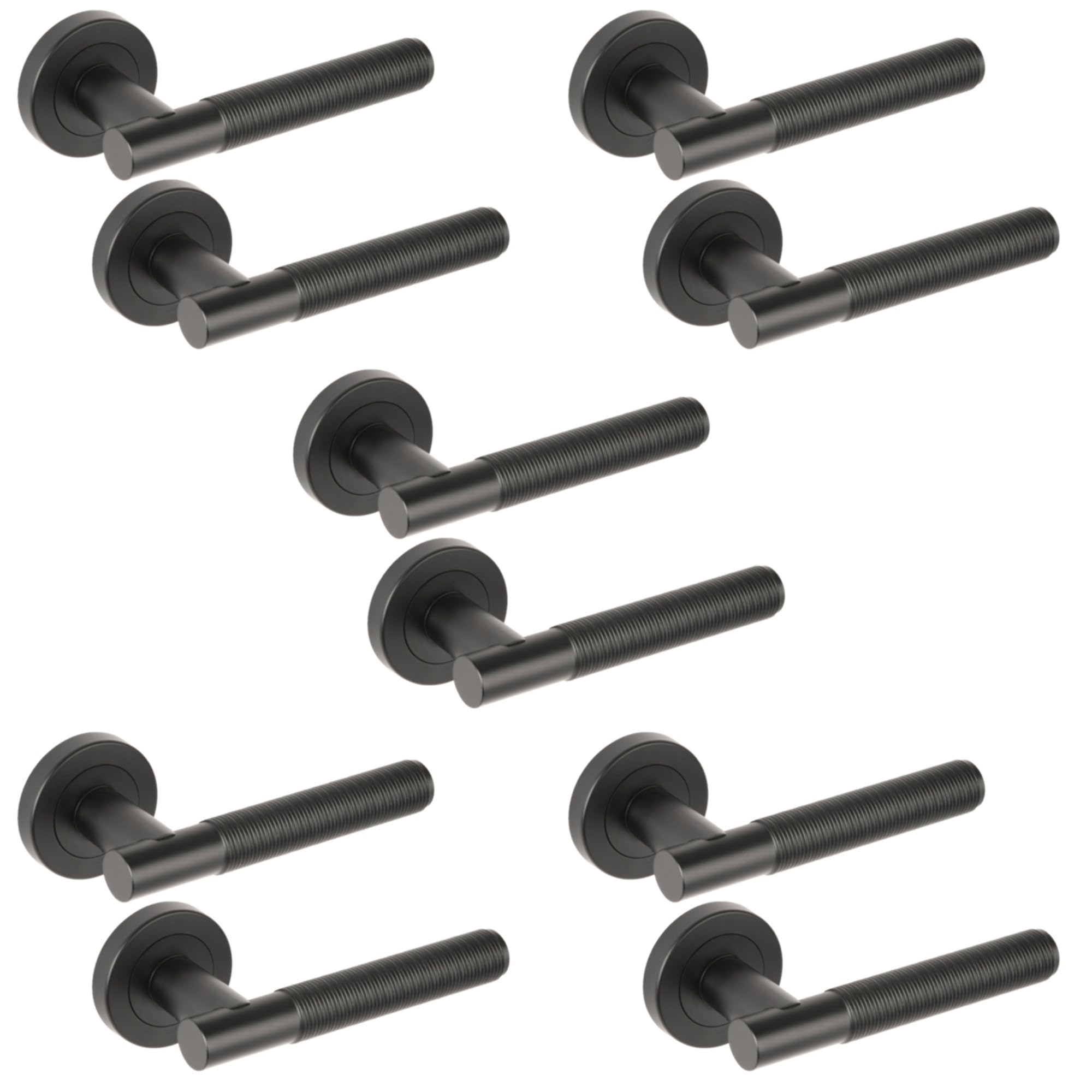 5 Sets Halo Ring Knurled Lever On Round Rose Door Handles, Internal Passage Latch Handles - Black Matt