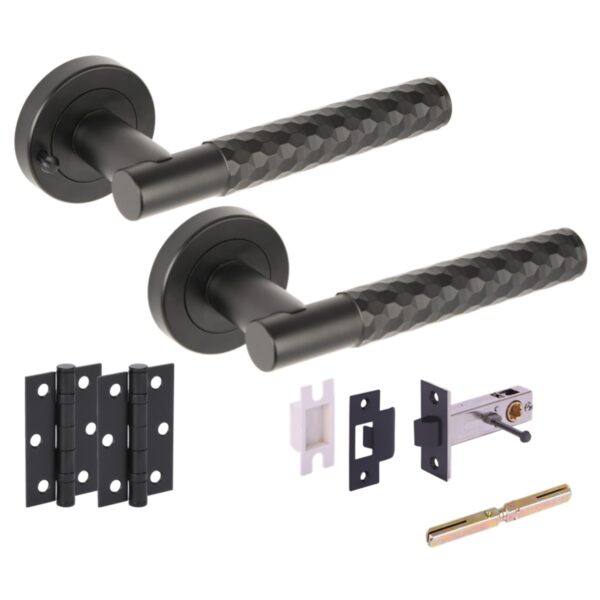 Roca Diamond Cut Knurled Privacy Door Handle Pack, complete with Lever Handles, 76mm Latch, 75mm Ball Bearing Hinges - Black Matt