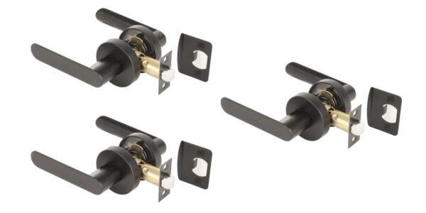 3 Sets Mantara Passage Leverset, Non-Locking Interior Door Lever Set, Adjustable 60-70mm Latch – Black Matt